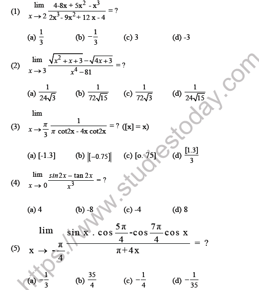 Jee mathematics limits continuity and differentiability mcqs set b with